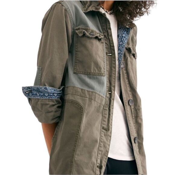 We The Free Green Utility Cargo Midi Casual Oversized Button Front Jacket Coat - Picture 2 of 10